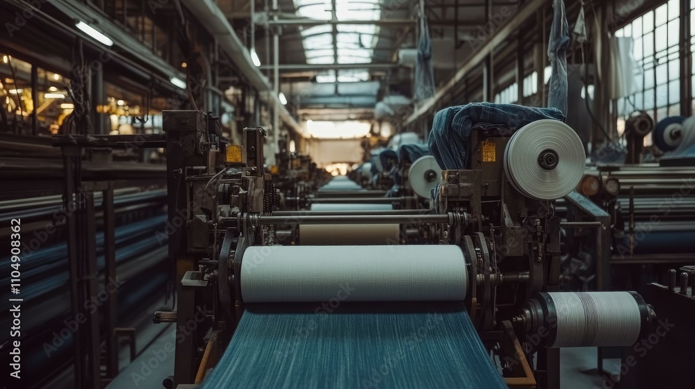 Poster industrial textile machinery in a denim factory, focusing on fabric rolls and the weaving process us