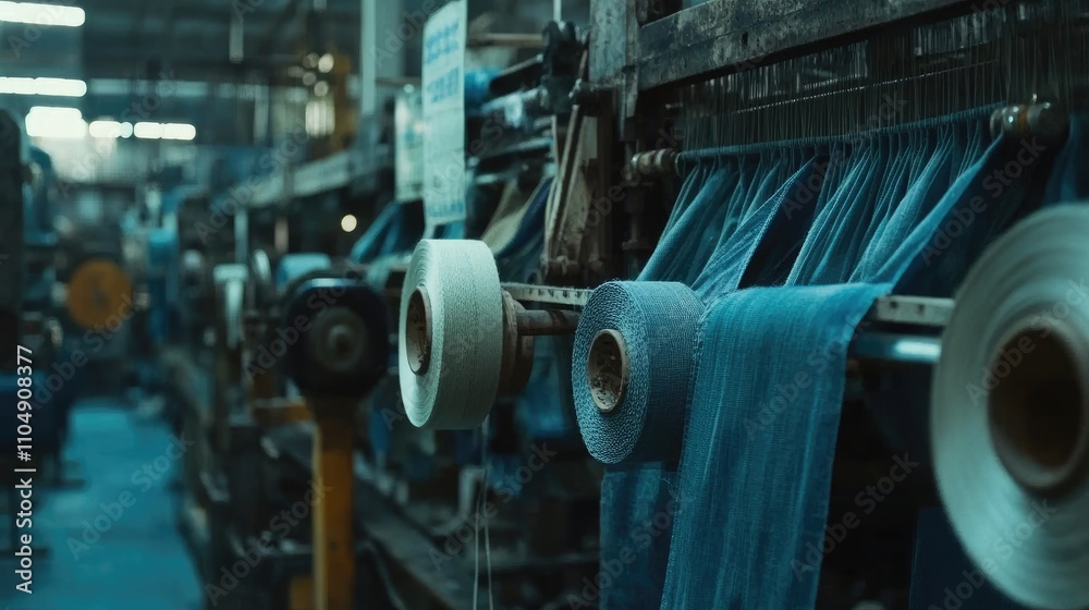 Poster industrial textile machinery in a denim factory, focusing on fabric rolls and the weaving process us