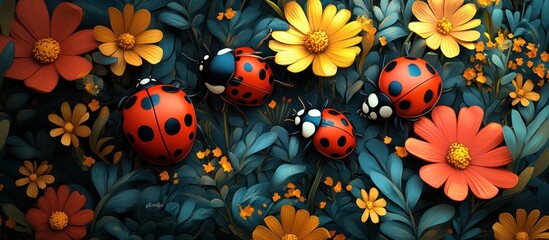 Four red ladybugs with black dots are resting on a bed of green leaves and brightly colored flowers.