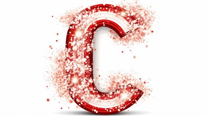 Whimsical candy cane inspired letter C design surrounded by falling snowflakes and shimmering glitter effects creating a festive and holiday themed graphic