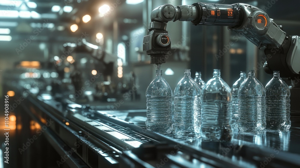 Poster Robotic factory line processing pure spring water into plastic bottles, showcasing an efficient bottling process in action.