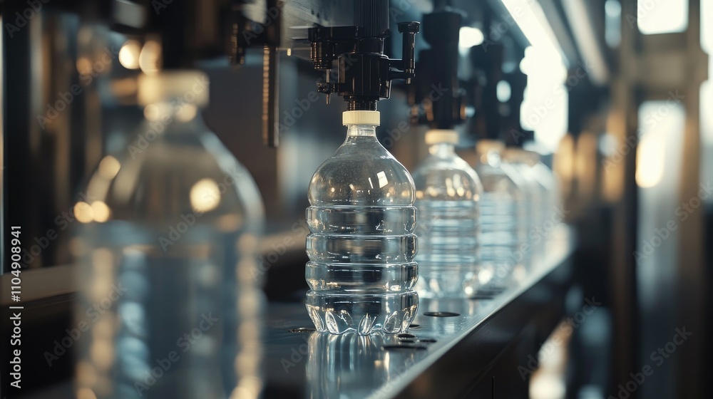Aufkleber Robotic factory line processing pure spring water into plastic bottles, showcasing an efficient bottling process in action.