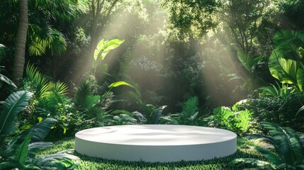 Round white plaster podium set up for product display in a lush green forest on a bright summer day