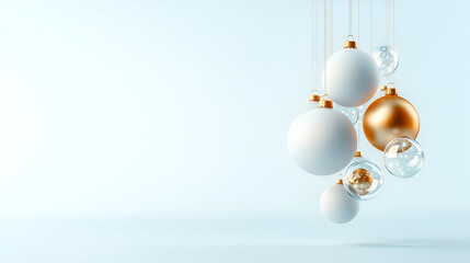 3d render. Winter holiday wallpaper. Festive white and gold Christmas ornaments and baubles. Empty glass snow ball isolated 