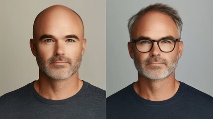 Confident man with glasses, showing two different looks in a studio setting.