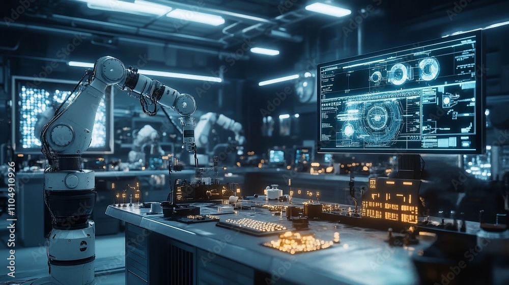 Poster Futuristic robotic arm in high-tech laboratory control room.