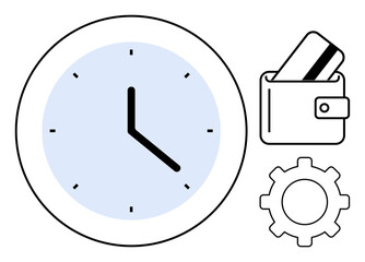 Large wall clock, wallet with credit cards, and a cogwheel gear. Ideal for efficiency, scheduling, financial planning, productivity, technology budget management business. Line metaphor