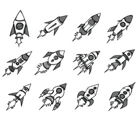 Rocket doodle vector set. Drawing sketch illustration hand drawn line eps10