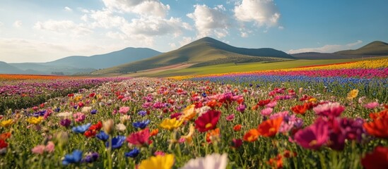 A colorful field of wildflowers stretches out to the horizon with blue sky and white clouds above, surrounded by green hills.
