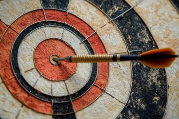 A dart hitting the bullseye on a dartboard, symbolizing precision, focus, and achieving goals, with a close-up of the dart and the concentric circles of the dartboard in sharp detail
