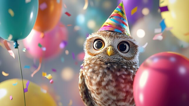 Cute Owl Wearing Party Hat with Balloons and Confetti Illustration