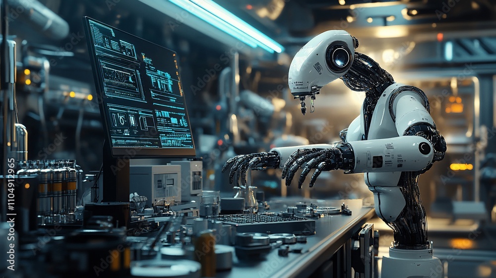Poster Futuristic robot working on computer in a high-tech lab.