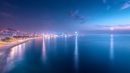 Fototapeta premium Serene Nighttime Coastal Cityscape with Glowing Water Reflections