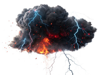 Black smoke storm clouds with fire and lightnings isolated on white background as transparent. PNG. AI GENERATED