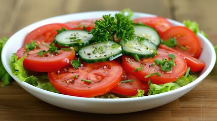 Fresh tomato and cucumber salad in a bowl. Perfect for illustrating healthy eating, dieting, or summer recipes.