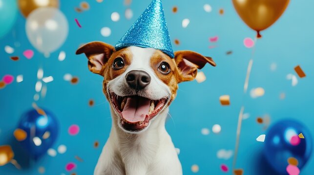 Happy Dog Wearing Party Hat with Confetti and Balloons Photo