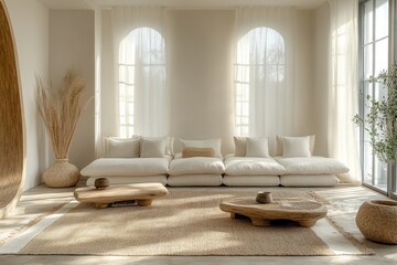 Serene Minimalist Living Room With Neutral Tones And Natural Elements