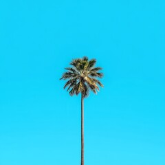 Fototapeta premium Single palm tree against a vibrant blue sky.