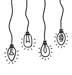 Hand drawn light bulbs hanging from the ceiling.
Black and white vector illustration.
