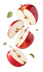 Close-up natural fresh red apple slices falling in the air isolated on white background © wasif