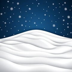 Snow-covered hills under a night sky with snowflakes.