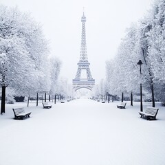 Snow-covered Parisian park with Eiffel Tower in background.