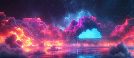 Fototapeta premium A glowing blue cloud icon in a dramatic neon-lit sky with clouds and reflections in the water.