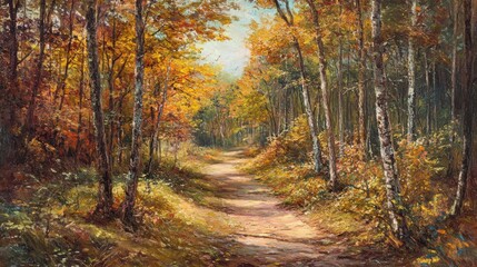 Obraz premium A quiet autumn forest trail lined with vibrant fall foliage,