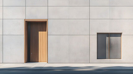 Contemporary architecture featuring minimalist design with wooden accents in urban environment