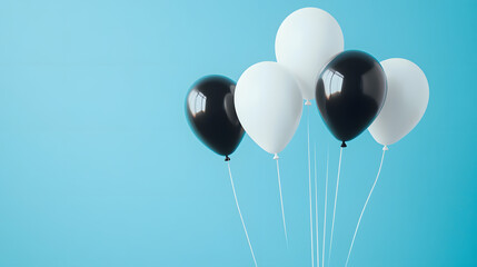 Celebration decor featuring black and white balloons against a blue background ideal for party setups