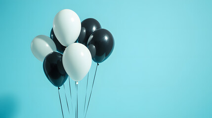 Colorful balloons float against a vibrant blue background for a festive celebration event