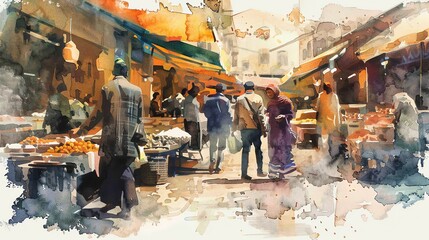 A watercolor painting of a bustling outdoor market in a Middle Eastern city.