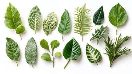 Various types of green leaves arranged artistically on a white background showcasing their unique shapes and patterns