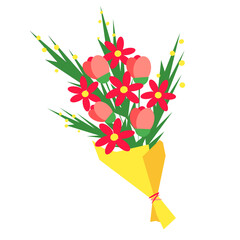 Large bouquet in an orange wrapper. Bouquet of pink flowers.