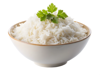 Fresh cooked white basmati rice in a white bowl isolated on white background as transparent. PNG. AI GENERATED