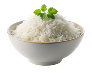 Fresh cooked white basmati rice in a white bowl isolated on white background as transparent. PNG. AI GENERATED