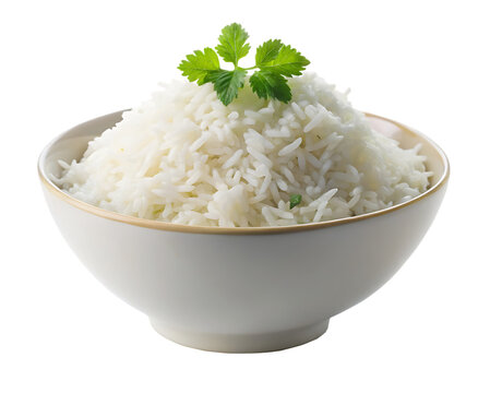 Fresh cooked white basmati rice in a white bowl isolated on white background as transparent. PNG. AI GENERATED