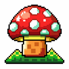 Obraz premium Pixel Art Red Mushroom with White Spots in Retro Gaming Style on Grass Background