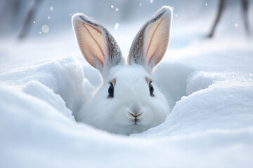 A curious white rabbit peeks from a snow hole in a winter landscape, ideal for seasonal designs, winter greetings, or educational content about wildlife in snow.