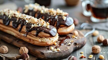 Naklejka premium Chocolate eclairs topped with hazelnuts, drizzled with rich dark chocolate. Perfect for dessert menus, food blogs, or baking websites.