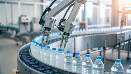 Robotic Arms Sorting Bottled Water on Conveyor