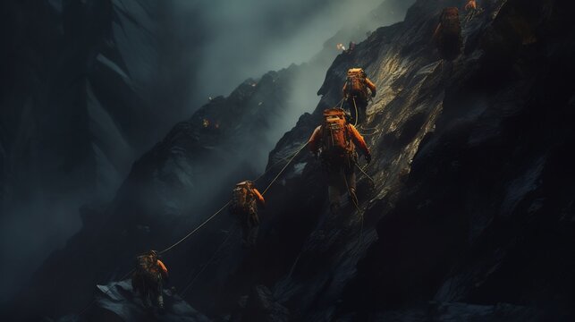 A team of skilled mountain rescue professionals scaling a steep rocky cliff to reach and assist a stranded climber in a perilous outdoor situation showcasing their expertise bravery