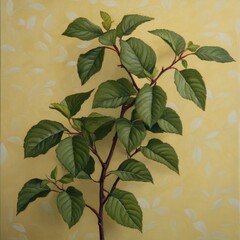Still life painting of a green leafy branch against a yellow background.
