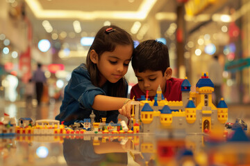 Indian indian kids playing with colorful plastic blocks