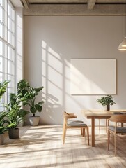 Blank light grey wall in sunny open space office with wooden floor and eco style furniture. Mockup. 3D rendering
