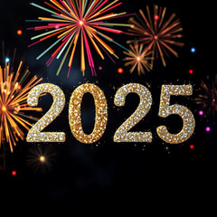 "2025" crafted with sparkling gold and silver glitter texture. Surround the text with a fireworks display in shimmering colors, giving a dazzling celebratory vibe.