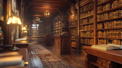 Classic library scene with detailed rows of books,