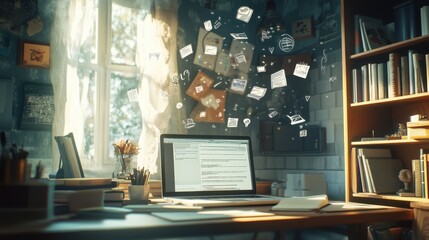 Classroom at home with laptop open to online course,