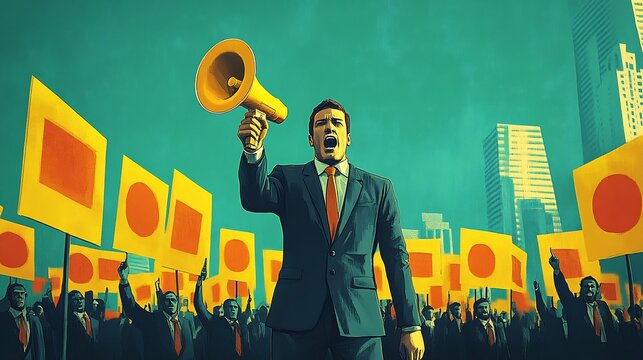 Non profit Leader Rallying a Crowd for a Social Cause through Impassioned Speech and Megaphone