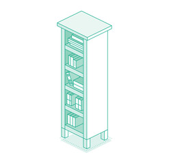 Isometric bookshelf. Outline style with green lines.